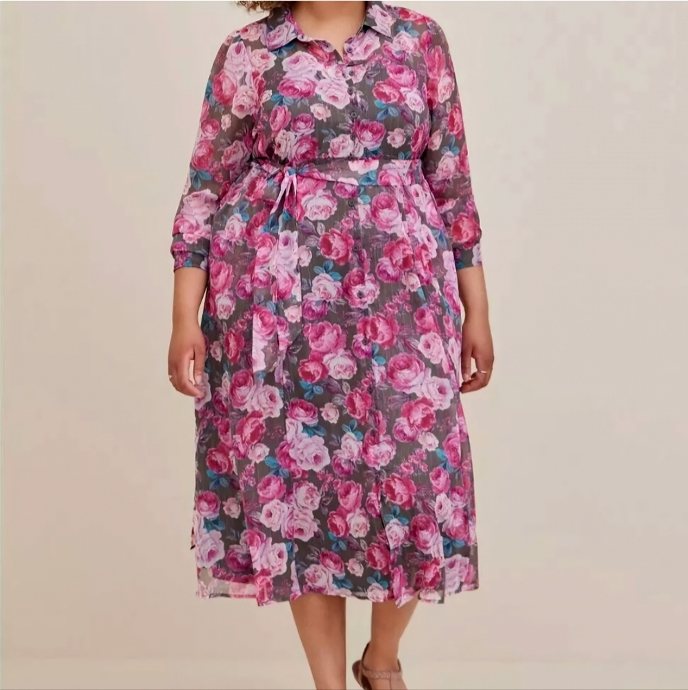 Torrid Pink Multicolored Floral Dress with Wrap Style and Tie Belt